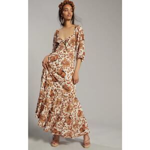 Anthropologie Dress White Tan Floral Cutout Tiered Puff Sleeve Smocked Maxi Sz S